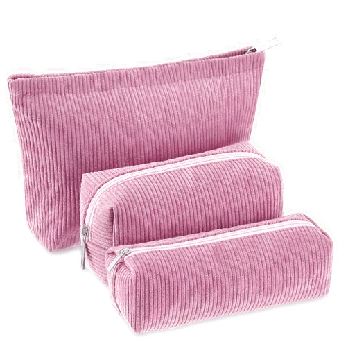 Huhumy 3 Pcs Makeup Bag Corduroy Cosmetic Bag Aesthetic Cute Preppy Makeup Bags for Women Smile Small Makeup Purse Pouch Travel Toiletry Bag Set Makeup Organizer with Zipper(Rose Pink, Solid Style)