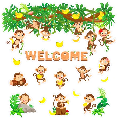 Harloon 47 Pcs Monkey Cutouts Monkey Welcome Bulletin Board Classroom Decoration Jungle Party Decoration Monkeys Birthday Party Supplies Hanging Monkey and Tree Wall Decor for Kids Classroom Birthday