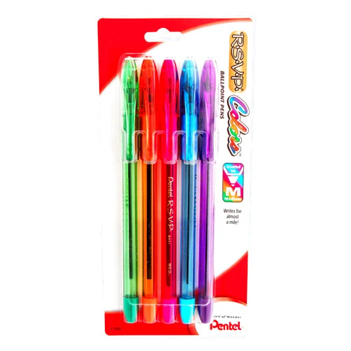 Pentel R.S.V.P. Colors Ballpoint Pen, Medium, Assorted Ink, Pack of 5 (BK91CRBP5M)