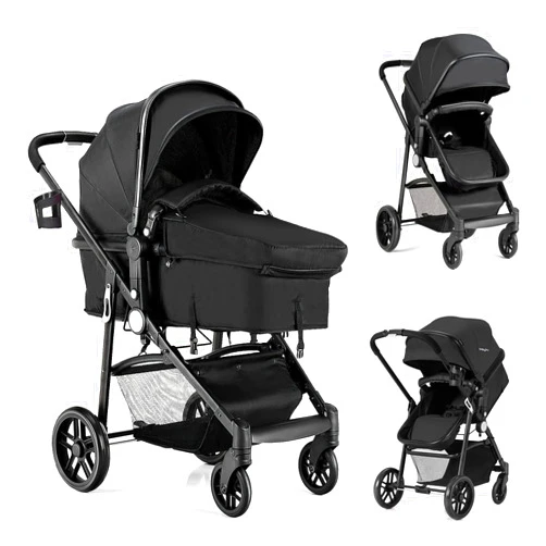 BABY JOY Baby Stroller, 2 in 1 Convertible Carriage Bassinet to Stroller, Pushchair with Foot Cover, Cup Holder, Large Storage Space, Wheels Suspension, 5-Point Harness (Black)