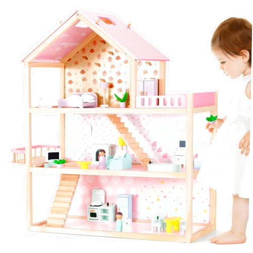 Pillowhale Wooden Dollhouse with 36Pcs Dollhouse Furniture Accessories, 7 Rooms Large Modern Doll House, Ideal Dollhouse Toy Gift for Girls Boys Toddlers Ages 3+