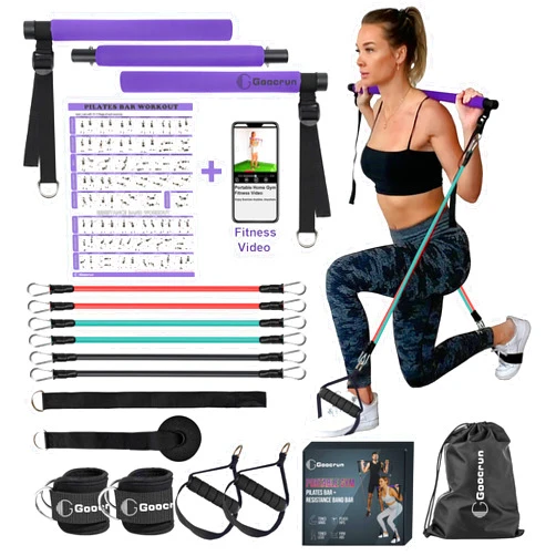 Goocrun Portable Pilates Bar Kit with Resistance Bands for Men and Women - 3 Set Exercise Resistance Bands - Multifunctional Home Gym - Supports Full-Body Workouts – with Fitness Poster and Video