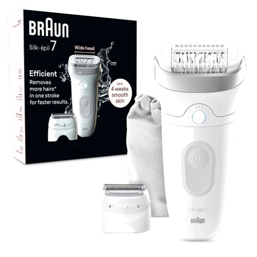 Braun Epilator Silk-épil 7, Hair Removal Device, Women Shaver & Trimmer, Wet and Dry, Wide Head, Includes Shaver Head and Trimmer Comb, SE7-041, Silver