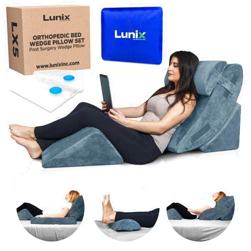 Lunix 4pcs Orthopedic Bed Wedge Pillow Set, Post Surgery Memory Foam for Back, Knee, Leg Pain Relief, Adjustable Sitting Pillow for Sleeping, Acid Reflux, GERD, with Hot Cold Pack, 100% Navy