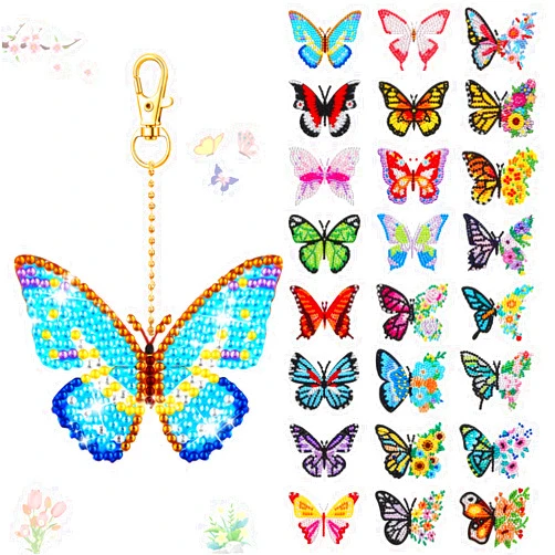 Henoyso 24 Pcs Diamond Painting Keychains Diamond Art Key Chains DIY 5d Double Sided Drill Kit Dot Painting Ornaments Set for Adult Art Craft Supplies Gift Accessories (Butterfly)
