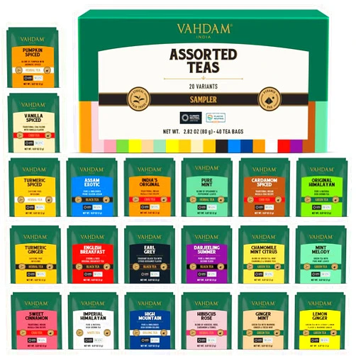 VAHDAM, Assorted Tea Sampler (20 Delicious Variety, 40 Individually Wrapped Pyramid Tea Bags) Long Leaf Premium Teas I Tea Gift Set I Valentines Day Tea Gift Ideas for Tea Lovers