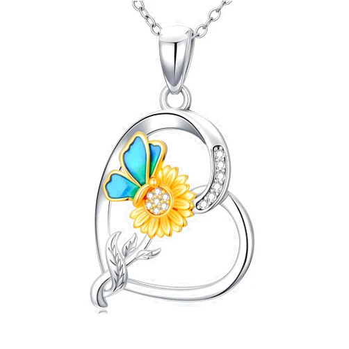 Yafeeso Diamond/Moissanite Sunflower Heart Necklace for Women, 925 Sterling Silver You are My Sunshine Pendant Butterfly Necklaces Christmas Birthday Jewelry Gifts for Her Mom Wife, 18
