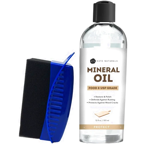 Kate Naturals Mineral Oil for Cutting Board 12oz with Wax Applicator. Food Grade & Food Safe Mineral Oil to Protect Wood on Cutting Boards, Butcher Block & Bamboo Boards
