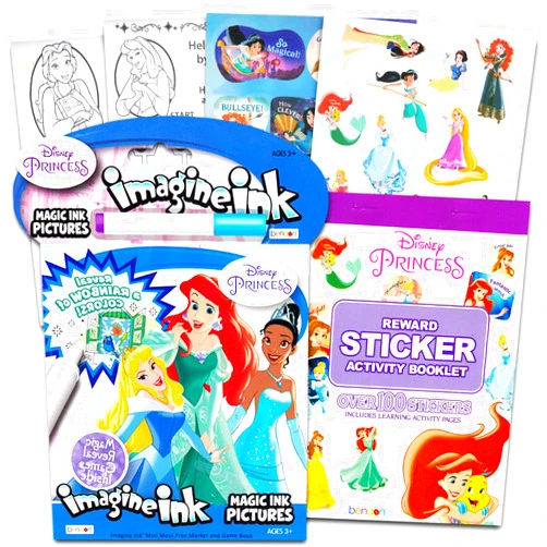 Disney Princess Imagine Ink Book and Sticker Book Set (Bundle Includes 2 Books and Mess Free Marker)