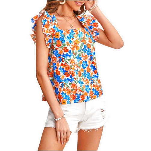 SweatyRocks Women's Square Neck Allover Print Ruffle Trim Blouse Cap Sleeve T Shirt Tops