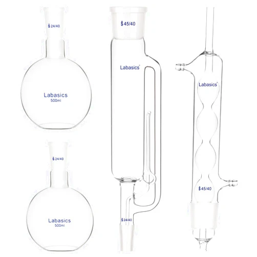 Labasics 500 ml Soxhlet Type Extraction Apparatus, Borosilicate Glass 45/40 Soxhlet Extractor with Allihn Condenser and 2X 500 ml Flat Bottom Flasks with 24/40 Joint, Complete Unit, 4 Pack