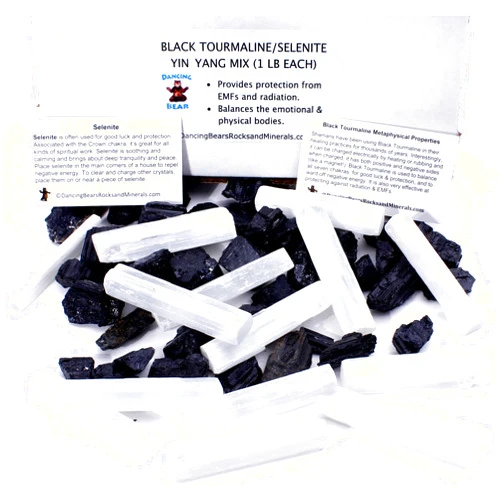 DANCING BEAR Black Tourmaline & Selenite Combo Pack (1 LB Each) Bulk Rough Raw Natural Stones for Good Vibes, Healing Crystals, Info Cards, Cleansing Energy, Made in USA