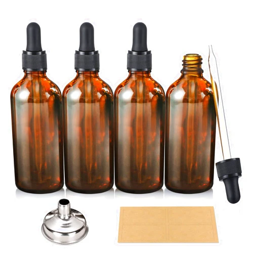 AOZITA 4 Pack, 100ml Dark Amber Dropper Bottles with 1 Funnels & 4 Labels - 3.4oz Brown Glass Tincture Bottles with Eye Droppers for Essential Oils, Liquids - Leakproof Travel Bottles