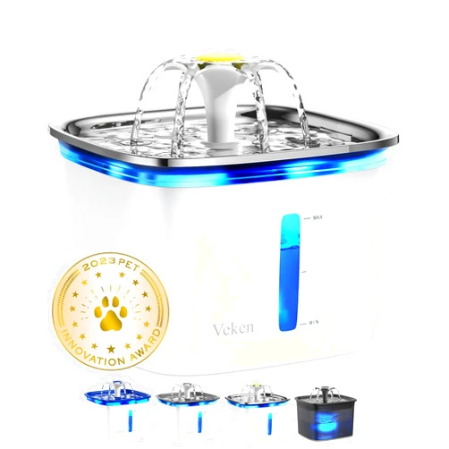 Veken 95oz/2.8L Cat Water Fountain with Stainless Steel Lid, Automatic Pet Fountain Dog Water Dispenser with Replacement Filters for Cats, Dogs, Multiple Pets (Silver, Stainless Steel)