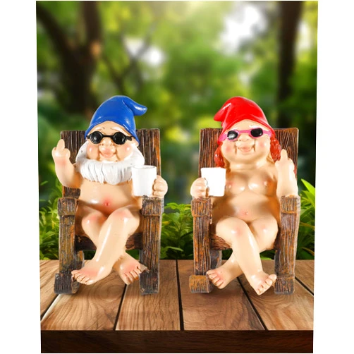 iStatue Funny Gnomes in Rocking Chair - 2 Pack Resin Middle Finger Decor Collectible Naked Gnome Figurines - Naughty Gifts for Garden, Home and Office
