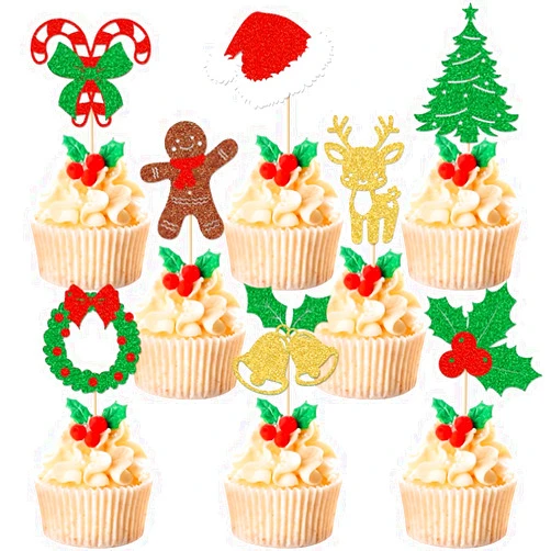 VCGUDOE 24pcs Christmas Cupcake Toppers Christmas Cupcake Decorations Snowman Christmas Tree Santa Claus Glitter Cupcake Decorations Christmas Decorations Christmas Eve Xmas Cupcake Picks (Style-3)