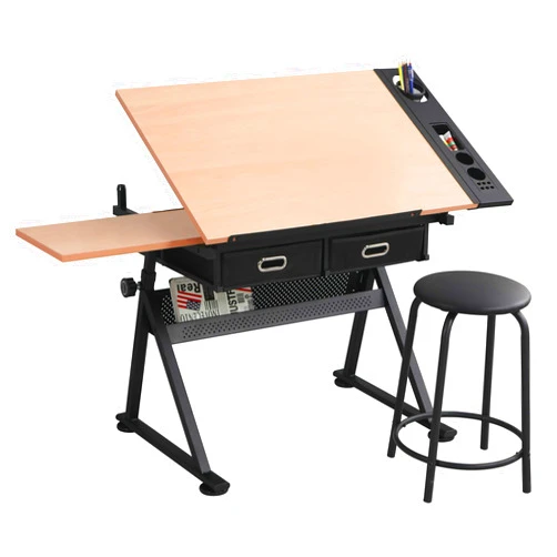 Waful Height Adjustable Multifunctional Wooden Drafting Drawing Table, Art Artist Desk Craft Station Study Table Tilting Tempered P2 MDF Tabletop with Stool for Reading, Writing Art Craft Work Station