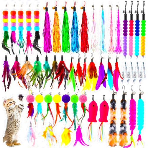 Cosblank 50 Pcs Cat Feather Toys Refill Cat Wand Replacement Feathers Replacement Refills with Bells Cat Toy Feather Refills Cat Wand Attachments Feathers Interactive Cat Toys for Cat Toys