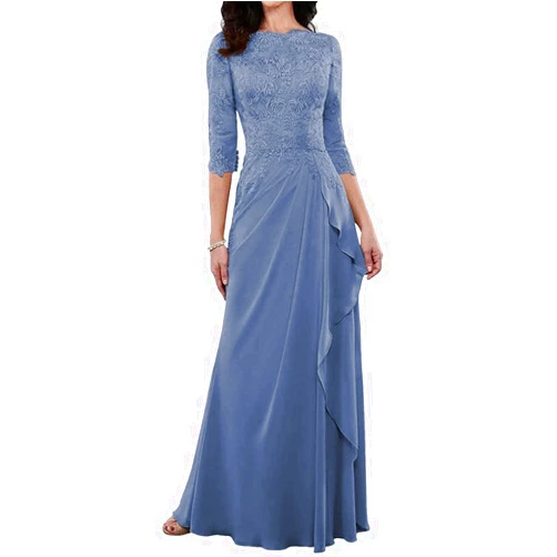 H.S.D Mother of The Bride Dresses Long Evening Formal Dress 3/4 Sleeve Lace Applique Ruffles