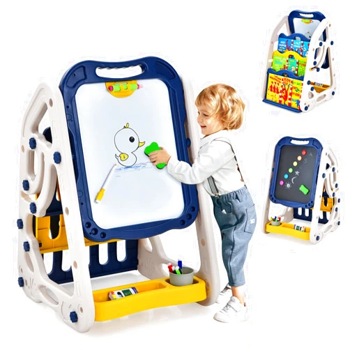Costzon 3 in 1 Art Easel for Kids, Double Sided Magnetic Whiteboard & Chalkboard w/Book Rack, Height Adjustable Standing Book Shelf Art Easel w/Art Accessories Gift for Toddlers (Blue)