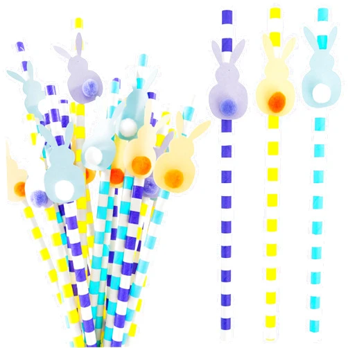 Cheerland 36 pcs Easter Rabbit Drinking Paper Striped Straws Set with Pompom Bunny for Kids’ Birthday Bunny Decoration Pompom Tails Supplies