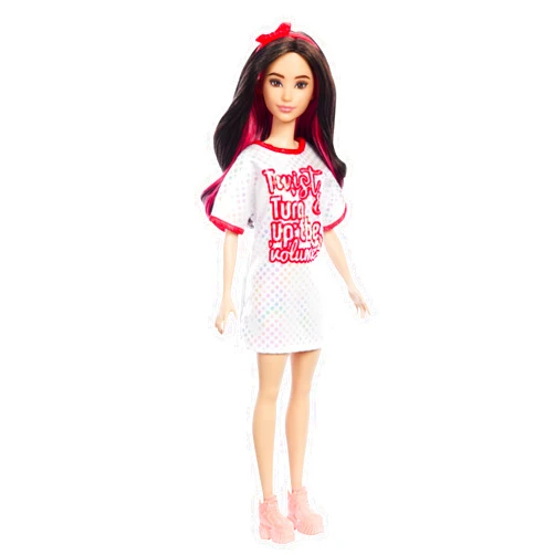 Barbie Fashionistas Doll #214, Black Wavy Hair with Twist ‘n’ Turn Dress & Accessories, 65th Anniversary Collectible Toy