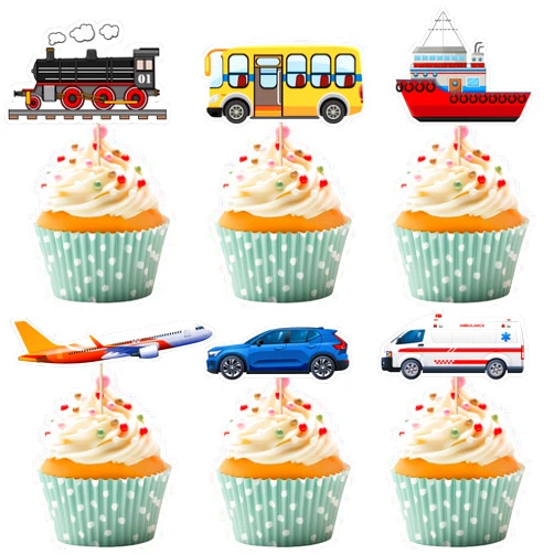Qiaozeng 36 Pack Transportation Cupcake Toppers Car Train Airplane Ship Party Cupcake Picks Transportation Cake Decoration for Transportation Theme Kids Birthday Baby Shower Party Decorations Supplies
