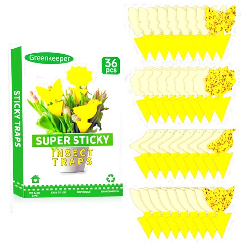 Greenkeeper 36 Pcs Classic Sticky Traps for Fungus Gnat (Plants), Fruit Fly, Whitefly, and Fly, Yellow Sticky Insect Catcher Traps for Indoor/Outdoor, Kitchen, and Plants, High-End Glue, Non-Toxic, 4 Shapes