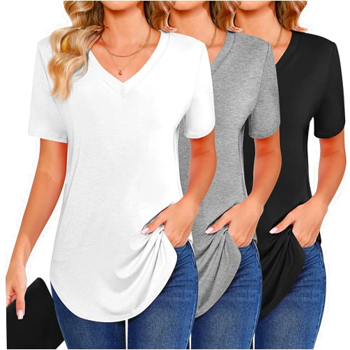 Ficerd 3 Pack Women's Short Sleeve Tunic Tops, V Neck Curved Hem Shirt Casual Summer Basic Tshirts Tee Blouse