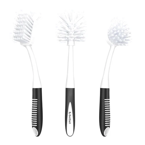 SetSail Dish Brush Set of 3 with Bottle Brush, Dish Scrub Brush with Long Handle Deep Cleaning Handle Brush with Scraper Tip for Kitchen Sink Dishes Bottle Cup Pot and Pans Tile Lines, Black