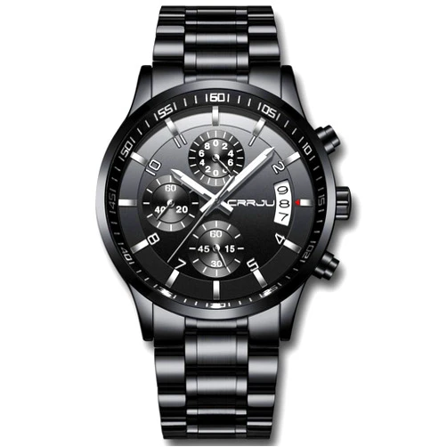 CRRJU Men's Fashion Stainless Steel Watches Date Waterproof Chronograph Wristwatches,Stainsteel Steel Band Waterproof Watch Black Black