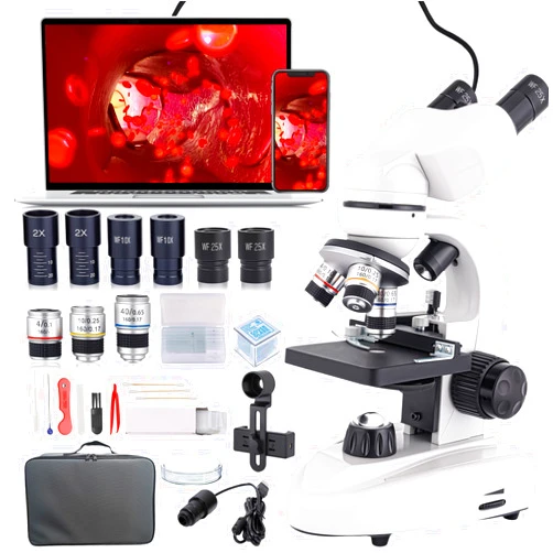 Poothoh Binocular Compound Microscope 40X-2000X, Research Grade Professional Microscope with Dual Mechanical Stages and Coaxial Coarse/Fine Focus Knobs, Built-in Electronic Eyepieces, Adult Microscope