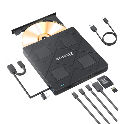 Zitranse External CD/DVD Drive,upgrade 8 in 1,USB 3.0,2 type-c port,Ultra Slim,Portable Optical Disk Drive Player Burner Reader Writer for Laptop Macbook Desktop PC Compatible with Windows 11/10/8 Linux Mac OS