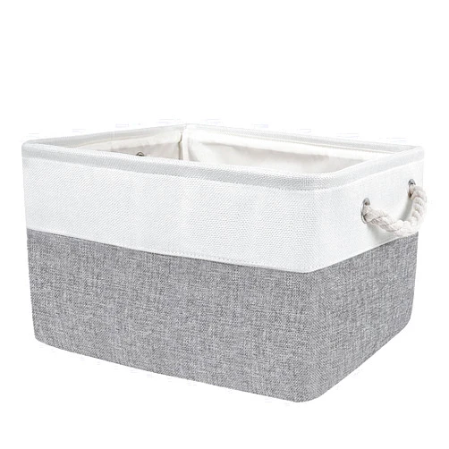 YeaBerr Large Fabric Storage basket with Rope Handles for Clothes Baby Toys Organizing Home Office Closet Laundry Nursery Shelves, Foldable Baskets for Gifts Empty (White & Grey, 16.1x12.2x7.9 inch)