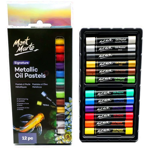 Mont Marte Metallic Oil Pastels Signature 12pc, Assorted Metallic Colors, Vibrant and Buttery, Versatile Art Pastels for Blending, Layering & Shading, Ideal for Art, Craft, Coloring and Sketching