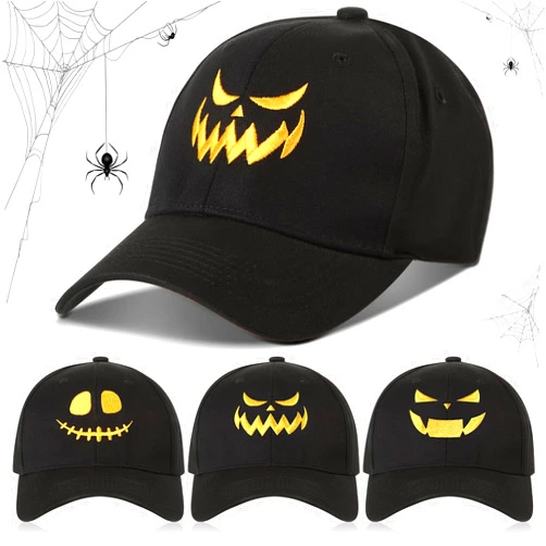 Meanplan 3 Pieces Halloween Pumpkin Baseball Caps Unisex Adjustable Embroidery Pumpkin Face Dad Hat Cotton Cute Trucker Cap