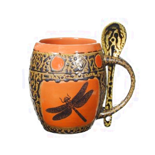 ALWAYS AZUL POTTERY Coral Dragonfly Mug with Spoon - Handmade Ceramic Coffee Mug - Stylish and Unique Handcrafted Artistic Drinkware - Polished Clay Cups, Great for Coffee, Tea, and Art Lovers