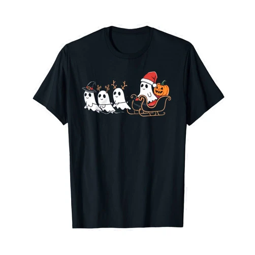 Cute Ghost Spooky Holiday Christmas Apparel Santa's Reindeer Ghost Halloween and Christmas T-Shirt
