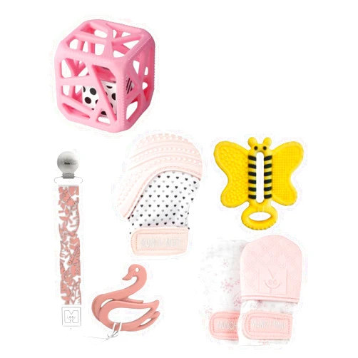 Malarkey Kids 5-Pack Gift Set - Featuring Munch Mini, Munch Mitt, Baby Chew Cube, Teether Tether, Toothbrush Teething Bundle - Ideal for Boys & Girls - Pastel Peace, (Ages 3+ Months)