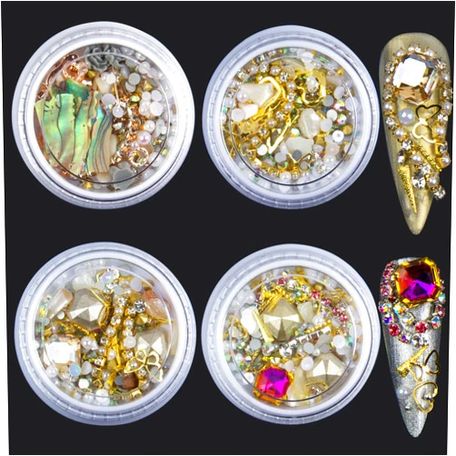 Onkuey 4 Boxes Mixed Sparkle Nail Charms for Nails Design, Rhinestones for Nails, Crystals Beads Nail Pearls and Gold Silver Nail Studs Gems Metal Rivets Nail Art Rhinestones for Nail Art Crafts