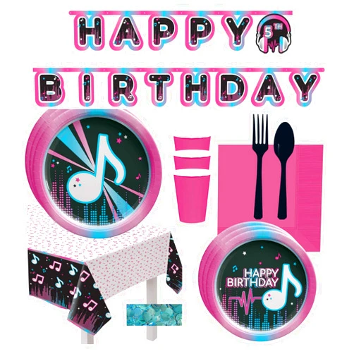 DANI & NIC Tik Tok Party Supplies Kit for 16 Guests - Includes Large and Small Paper Plates, Napkins, Cups, Plastic Cutlery, Table Cover, Jumbo Banner and Confetti