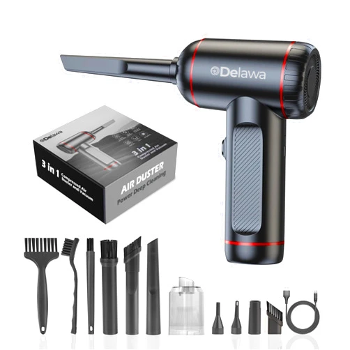 DELAWA Air Duster and Vacuum Cleaner for PC, Keyboard, Car, Home, Office, 100000RPM, Compressed Air Blower and Mini Vacuum with 3 Gears and Rechargeable, Strong Battery, Up to 37 mins Runtime.