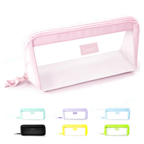 Sooez Large Grid Mesh Pencil Case, Big Capacity Clear Pencil Pouch Pen Bag with Zipper Closure, Cute Stationery Organizer Transparent Makeup Bag for Adult Girls Boys Office School Supplies, Pink