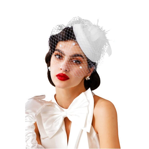 Zivyes White Tea Party Hat Fascinator with Veil Feather Headpiece Derby Hat 20s50s Pillbox Hats for Church Wedding
