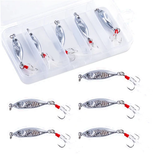 Goture Fishing Jigs,Zinc Alloy Vertical Jig Freshwater Saltwater,7g-30g Jig Fishing Lures with Treble Hook and Feather, 5PCS Fishing Jigging Spoon Lures with Tackle Box for Tuna,Salmon,Bass,Trout