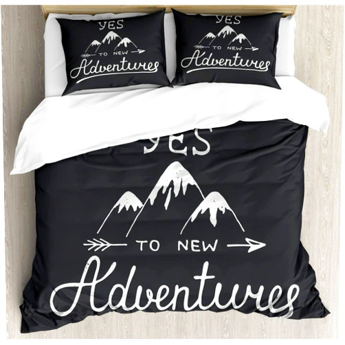 Ambesonne Adventure Duvet Cover Set, Say Yes to New Adventures Typographic Words Scribble Mountains, Decorative 3 Piece Bedding Set with 2 Pillow Shams, California King, Charcoal Grey and White