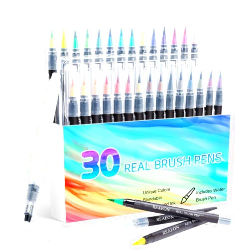 Reaeon Watercolor Brush Pens, Real Brush Pen, 30 Watercolor Painting Markers with Flexible Nylon Brush Tips for Coloring, Calligraphy and Drawing (1 Water Brush Pens for Blending)