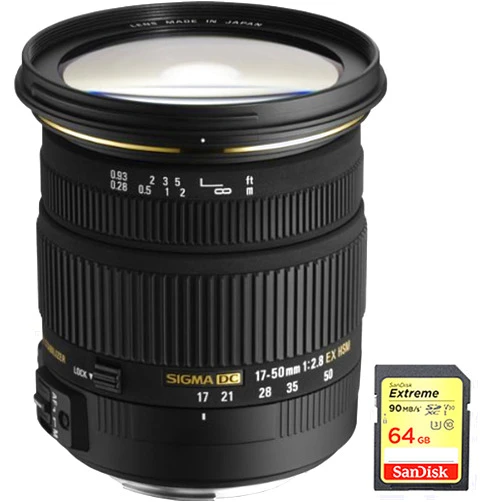 Sigma 17-50mm f/2.8 EX DC OS HSM FLD Zoom Lens for Canon DSLR Camera Bundle with Sandisk 64GB Memory Card
