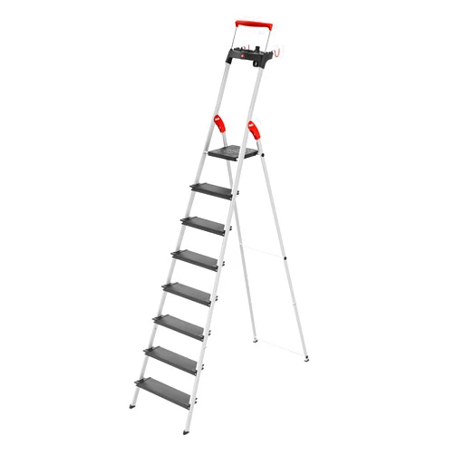 Hailo L100 TopLine | Aluminum folding stepladder | Eight steps | Extendable safety rail | Integrated multifunctional storage tray | Folding safety mechanism with platform locking | Item holding option