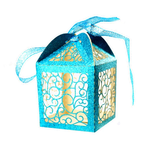 Fashmade 100Pcs Glitter laser cut wedding card box quinceanera decorations tea party favor boxes Bridal Shower Anniverary Birthday (Blue)